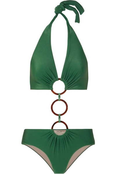 Shop Adriana Degreas Cult Gaia Ring-embellished Cutout Halterneck Swimsuit In Green