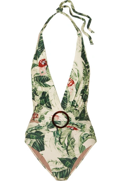 Shop Adriana Degreas + Cult Gaia Ring-embellished Printed Halterneck Swimsuit In Green