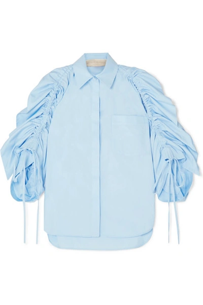 Shop Antonio Berardi Ruched Cotton-poplin Shirt In Blue