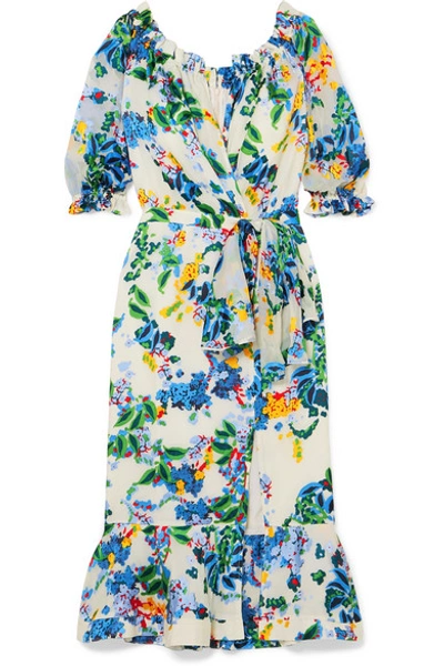 Shop Saloni Olivia Floral-print Devoré-chiffon Wrap-effect Midi Dress In White