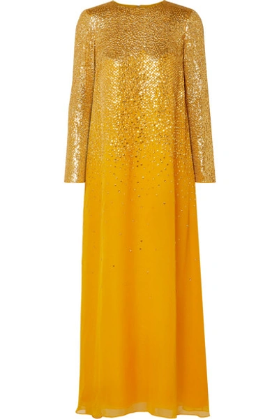 Shop Oscar De La Renta Embellished Silk-chiffon Gown In Saffron