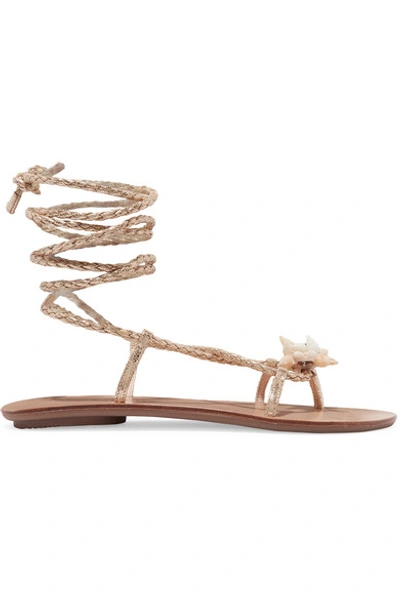 Shop Loeffler Randall Shelly Embellished Braided Metallic Leather Sandals In Gold