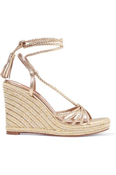 Shop Aquazzura Savannah 120 Metallic Leather Espadrille Wedge Sandals In Gold