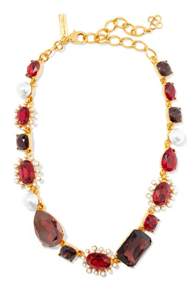 Shop Oscar De La Renta Gold-tone, Crystal And Faux Pearl Necklace