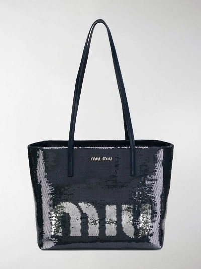 Shop Miu Miu Sequin Logo Tote Bag In Blue