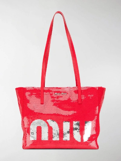 Shop Miu Miu Logo Print Tote In Red