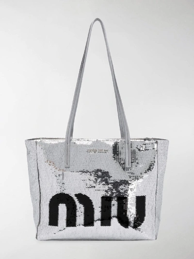 Shop Miu Miu Logo Sequin Tote Bag In Silver