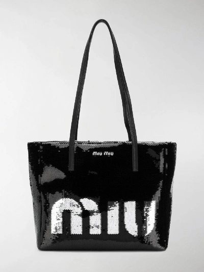 Shop Miu Miu Logo Sequin Tote Bag In Black