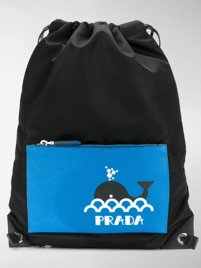 Shop Prada Logo Print Drawstring Backpack In Black