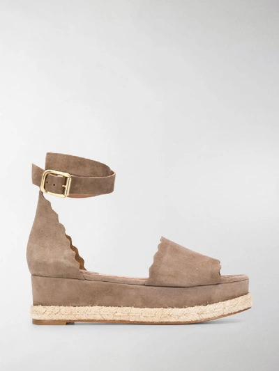 Shop Chloé Scallop-trim Platform Sandals In Brown