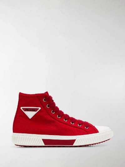 Shop Prada Hi-top Logo Sneakers In Red