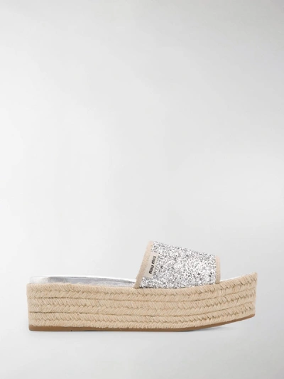 Shop Miu Miu Glitter Espadrilles Sandals In Silver