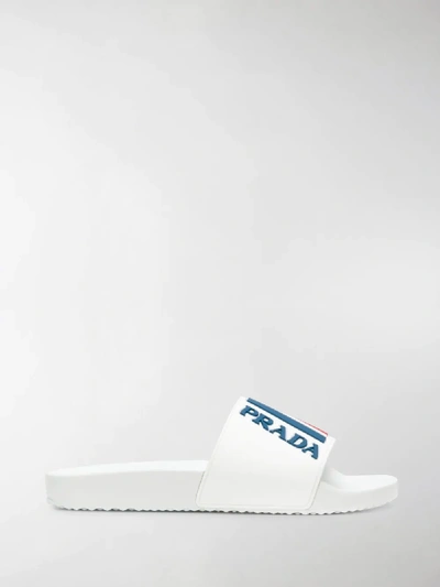 Shop Prada Logo Pool Slides In White