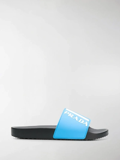 Shop Prada Logo Slide Sandals In Blue