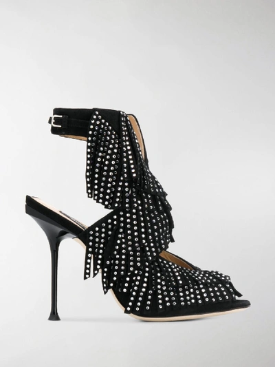 Shop Sergio Rossi Crystal Studded Fringe Sandals In Black