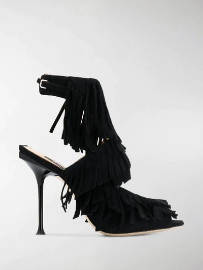 Shop Sergio Rossi Open Toe Fringed Sandals In Black