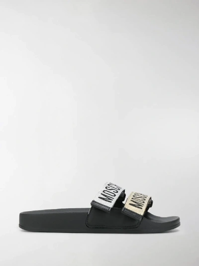 Shop Moschino Logo Strap Slide Sandals In Silver