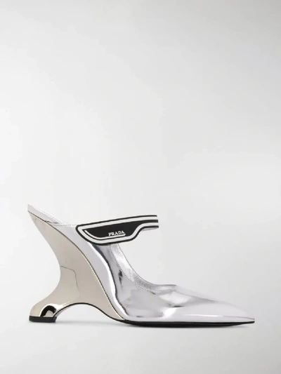 Shop Prada Metallic Mules In Silver