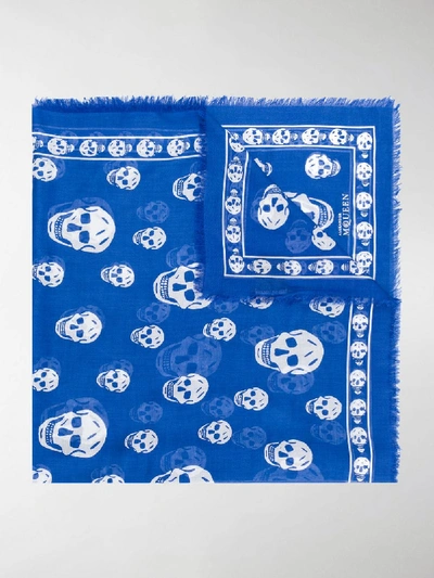 Shop Alexander Mcqueen Fringed Skull-print Scarf In Blue