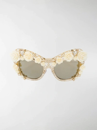 Shop Dolce & Gabbana Gold Tone Rose Lace Cat-eye Sunglasses In Metallic