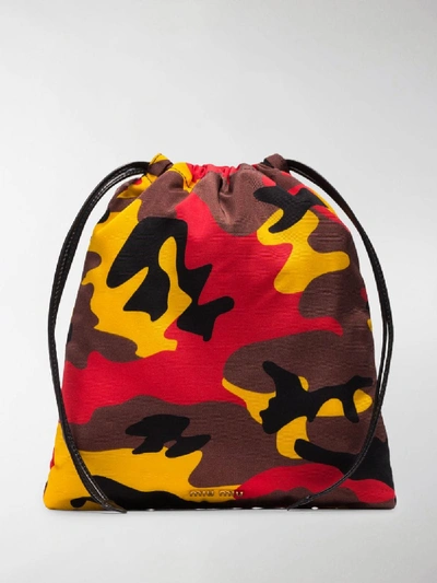 Shop Miu Miu Red, Yellow And Brown Camo Print Drawstring Bag