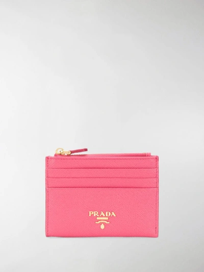 Shop Prada Logo Plaque Zip Purse In Pink