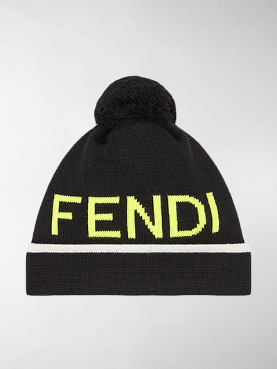 Shop Fendi Logo Knit Pom-pom Beanie In Black