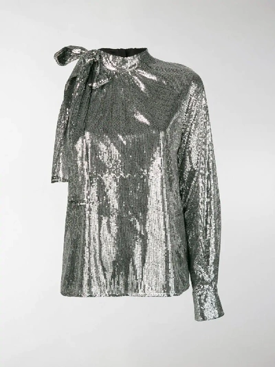 Shop Msgm One Sleeve Sequin Top In Silver