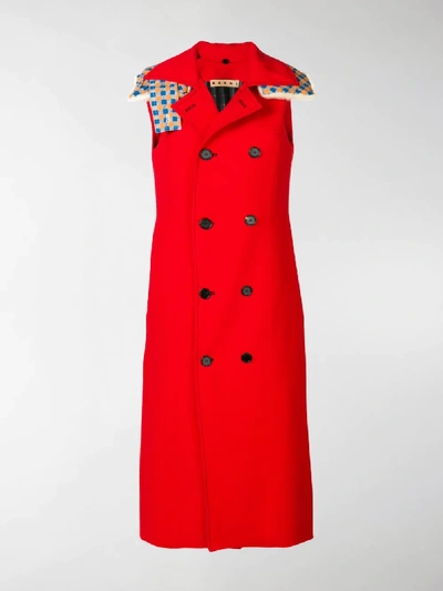 Shop Marni Hooded Sleeveless Double Breasted Coat In Red