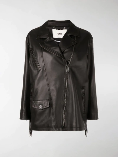 Shop Fendi Fringed Biker Jacket In Black