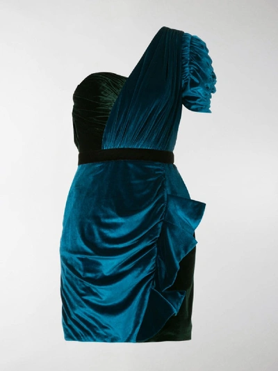 Shop Self-portrait One-shoulder Draped Mini Dress In Blue