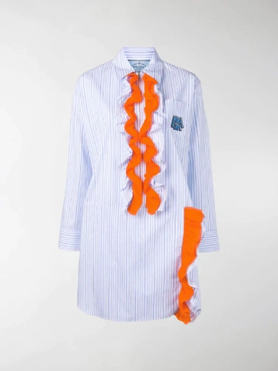 Shop Prada Striped Ruffle Shirt Dress In Blue