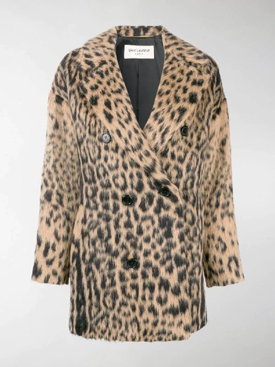Shop Saint Laurent Double-breasted Leopard Coat In Black