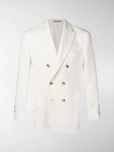 Shop Brunello Cucinelli Double Breasted Linen Blazer In White
