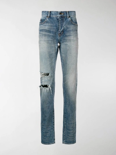 Shop Saint Laurent Distressed Straight-leg Jeans In Blue