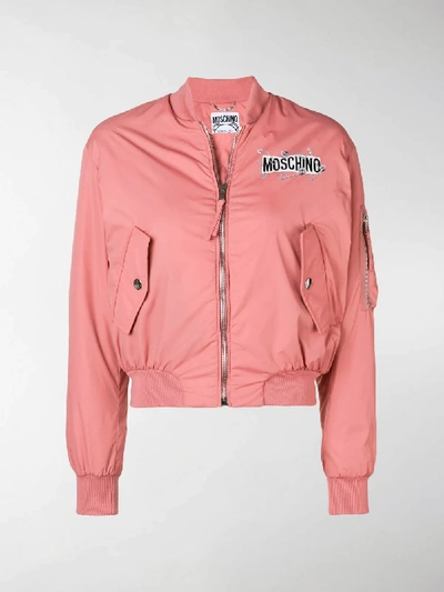 Shop Moschino Zipped Logo Bomber Jacket In Pink