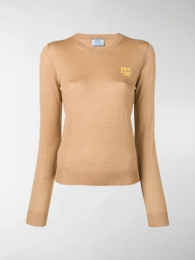 Shop Prada Logo Knitted Jumper In Brown