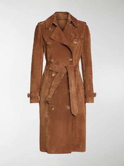 Shop Burberry Suede Trench Coat In Brown