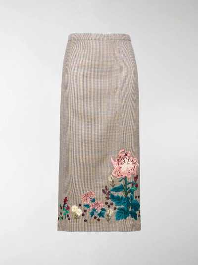 Shop Erdem Embroidered Check Skirt In Neutrals