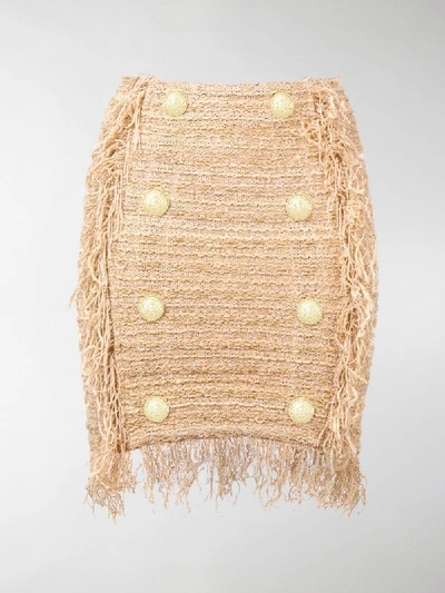 Shop Balmain Fringed Tweed Mini Skirt In Gold