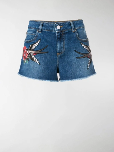 Shop Red Valentino Swallow Patch Denim Shorts In Blue