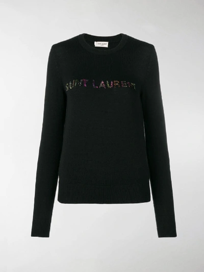 Shop Saint Laurent Embellished Logo Jumper In Black