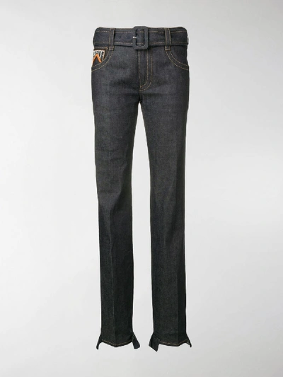 Shop Prada Belted Ruffle Hem Jeans In Blue