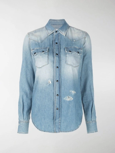Shop Saint Laurent Distressed Western-style Shirt In Blue