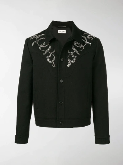Shop Saint Laurent Teddy Western Style Embroidered Jacquard Print Denim Jacket In Black