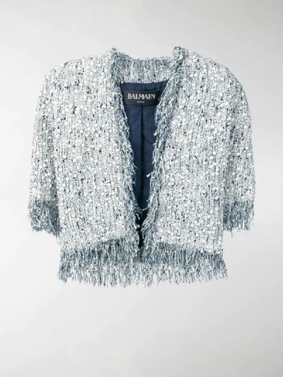 Shop Balmain Distressed Tweed Jacket In Blue
