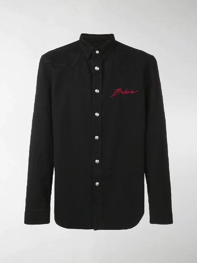 Shop Balmain Logo Embroidered Denim Shirt In Black