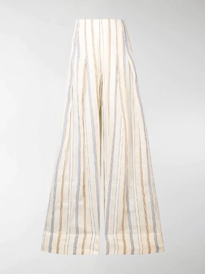 Shop Jacquemus Stripe Embroidered High Waisted Wide Leg Trousers In Neutrals