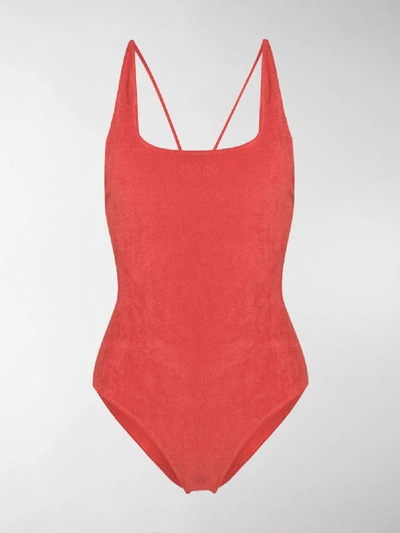 Shop Ganni Terry Cloth One-piece Swimsuit In Red