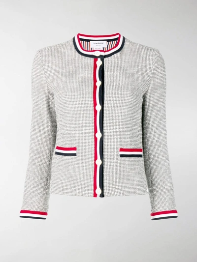 Shop Thom Browne Tricolour Textured Tweed Cardigan In Grey